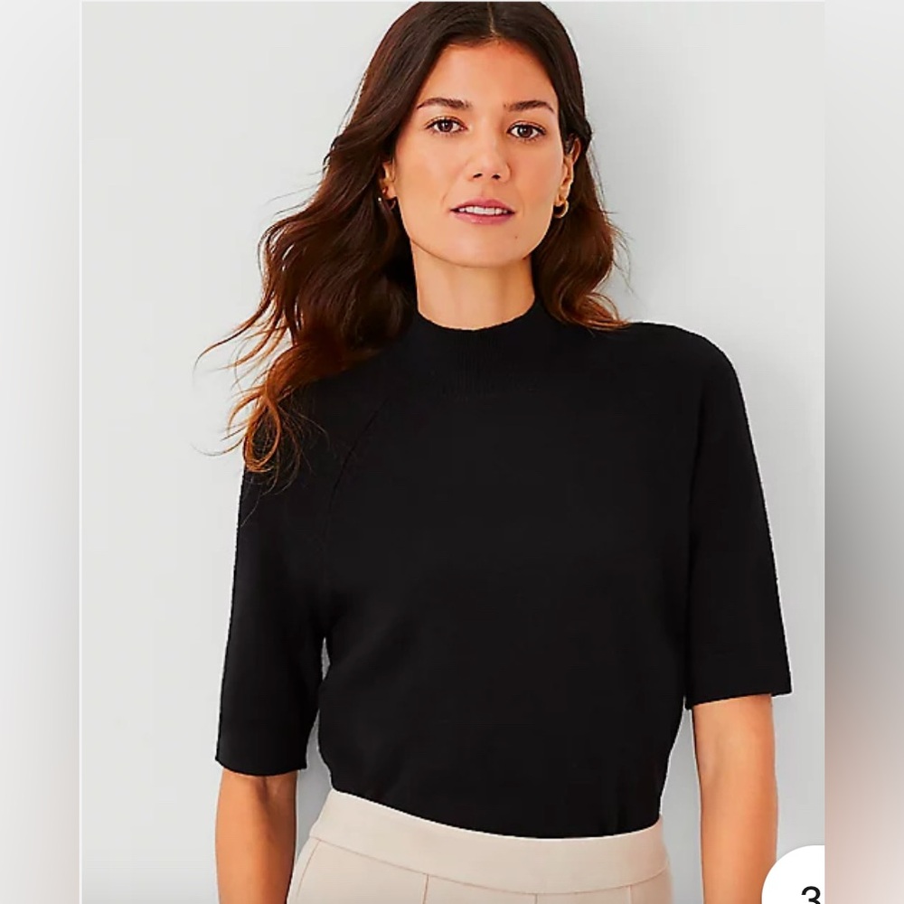 Ann Taylor Women’s Black Mock Neck Sweater with above-elbow sleeves, Petite XL